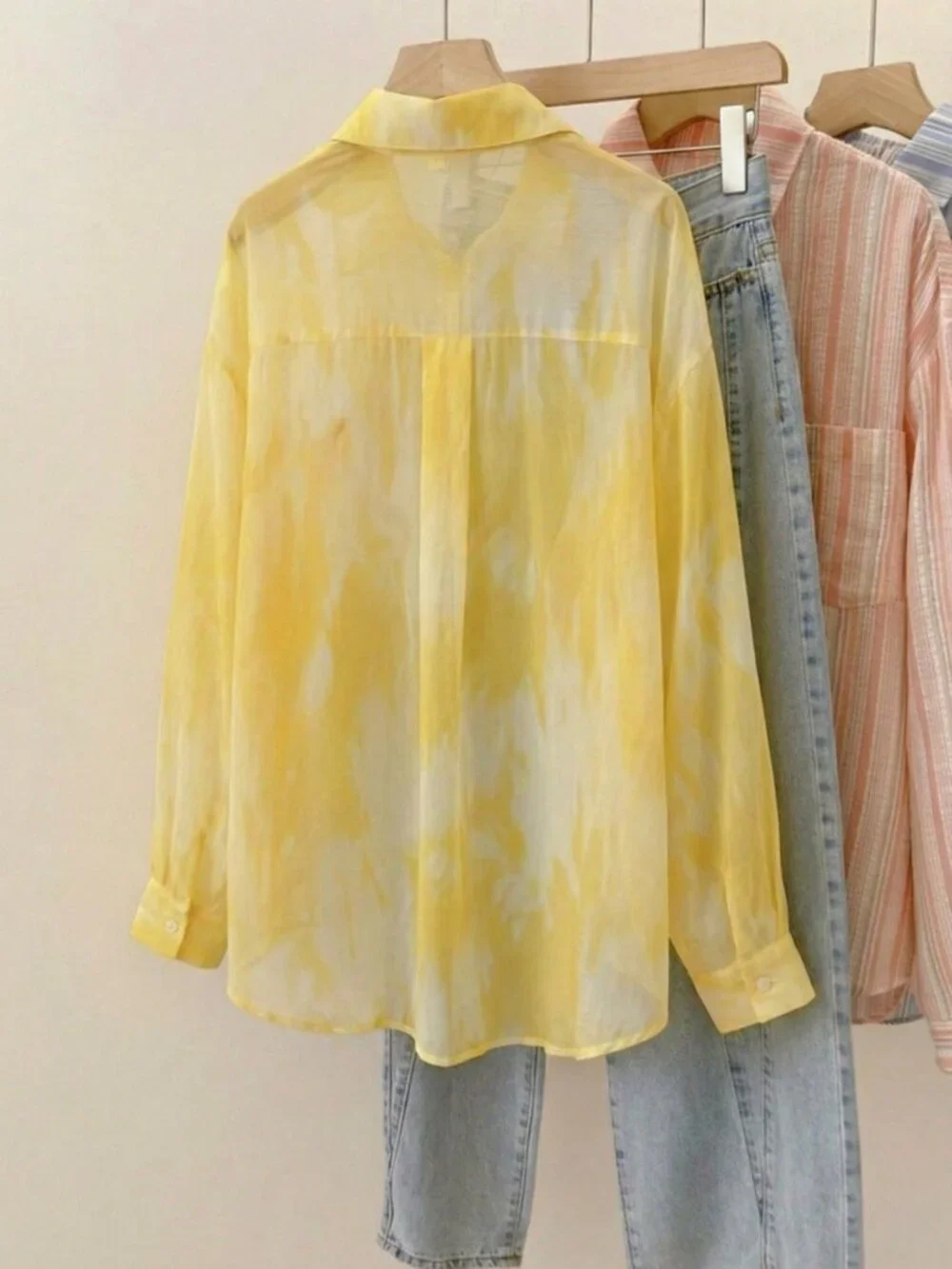 Yellow Casual Tie-Dye Women's Lightweight Sheer Long Sleeve button down Blouse - Picture 4 of 10